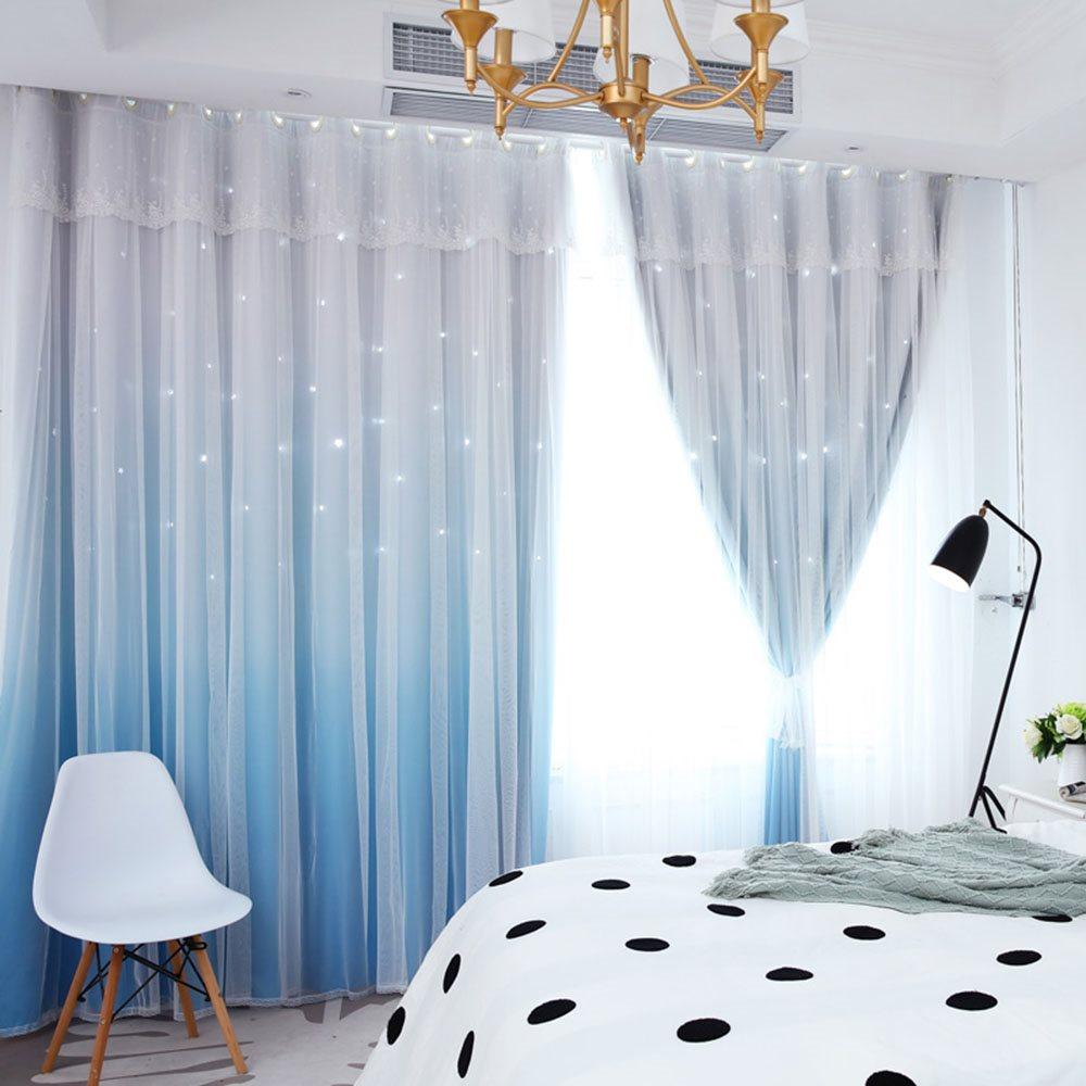 Romantic Princess Color Gradient Star Hollowed-out Custom Blackout Curtain Cloth and Sheer Sewing Together Curtain Set