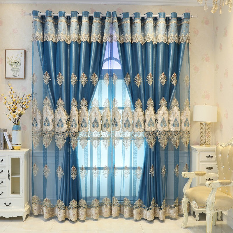 European Elegant Embroidery Blue Double Shading Curtains Luxurious Hollow Curtains for Living Room Bedroom Decoration Custom 2 Panels Drapes Polyester Blend