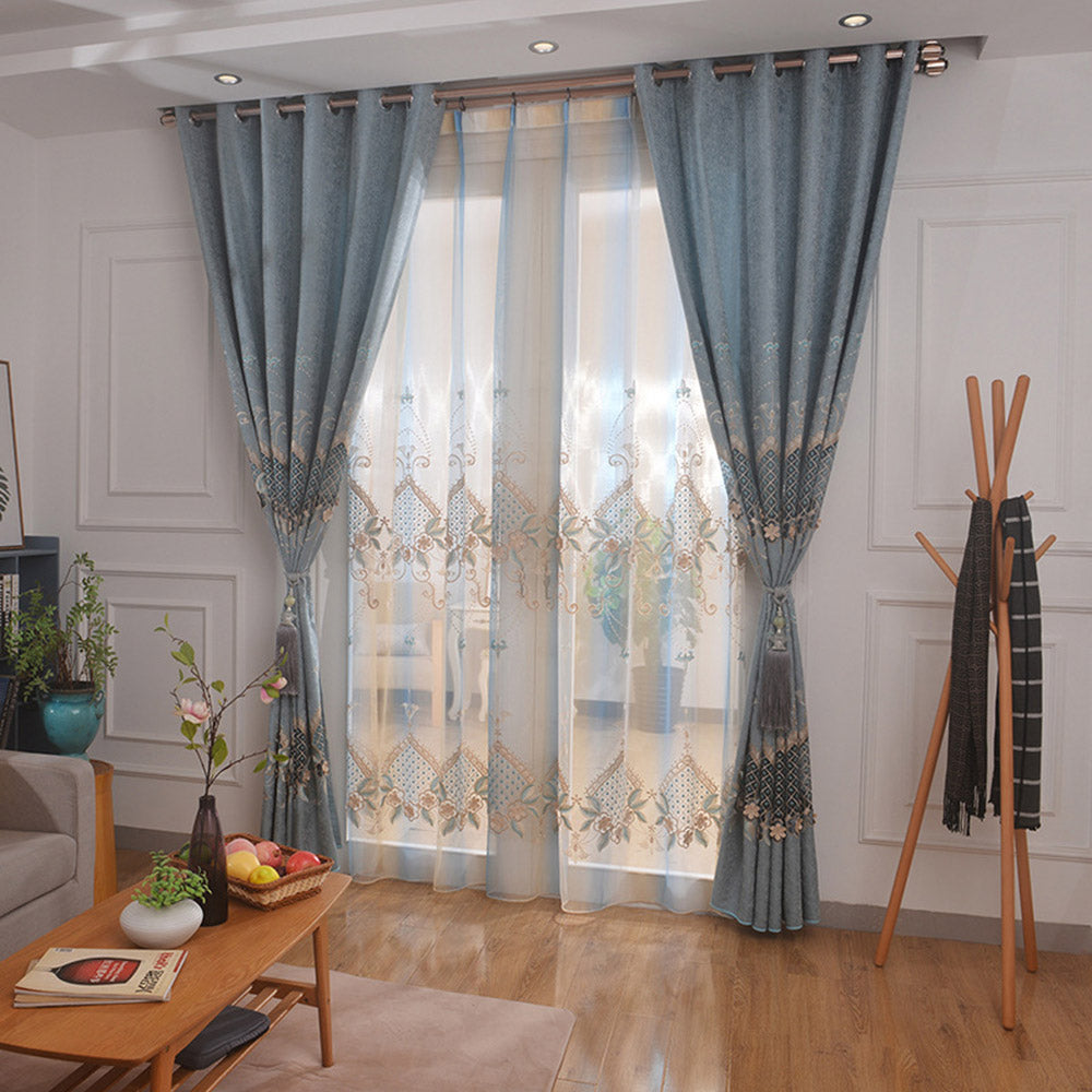 Blue Floral Embroidery Sheer Blackout Curtains Elegant Shading Curtains Chenille Hollow-out Blackout Curtains for Living Room Bedroo Decoration Custom 2 Panels Drapes