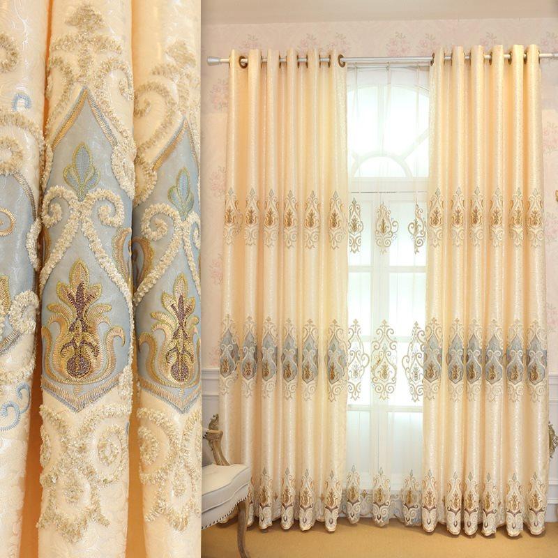 Yellow Embroidery Blackout Curtains Tulle Elegant Window Shading Curtains Sheer for Living Room Bedroom Custom Set of 2 Panels Drapes