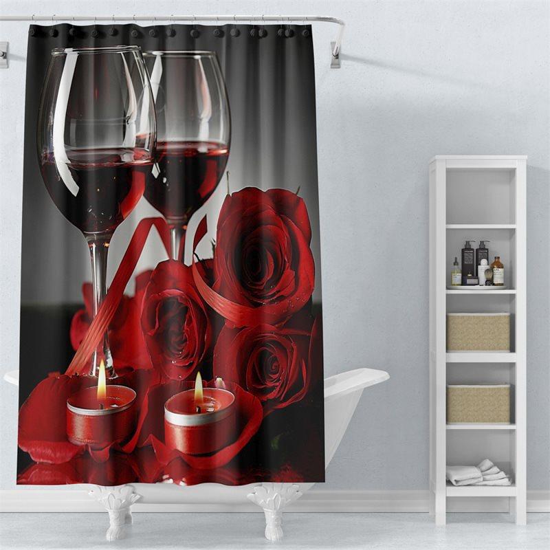 3D Shower Curtain Red Wine Cup and rose Bathroom Partition Curtain Set Durable Waterproof Mildew Proof Polyester