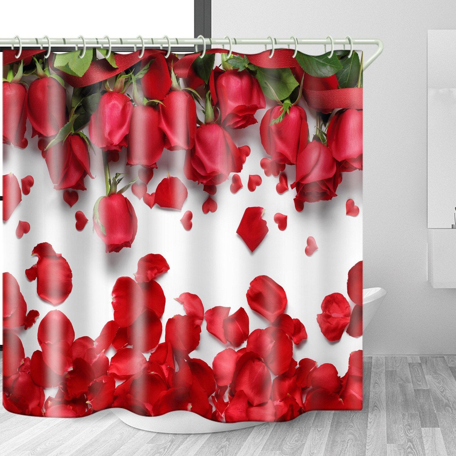 3D Shower Curtain Red Rose Bathroom Partition Shower Curtain Set Durable Waterproof Mildew Proof Polyester