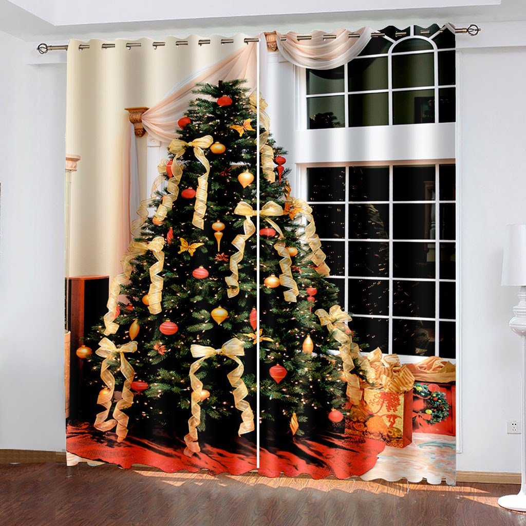 Christmas 3D Blackout Curtains Fir Twigs Xmas Christmas Tree and Grid Print Living Room Bedroom Window Drapes 2 Panel Set