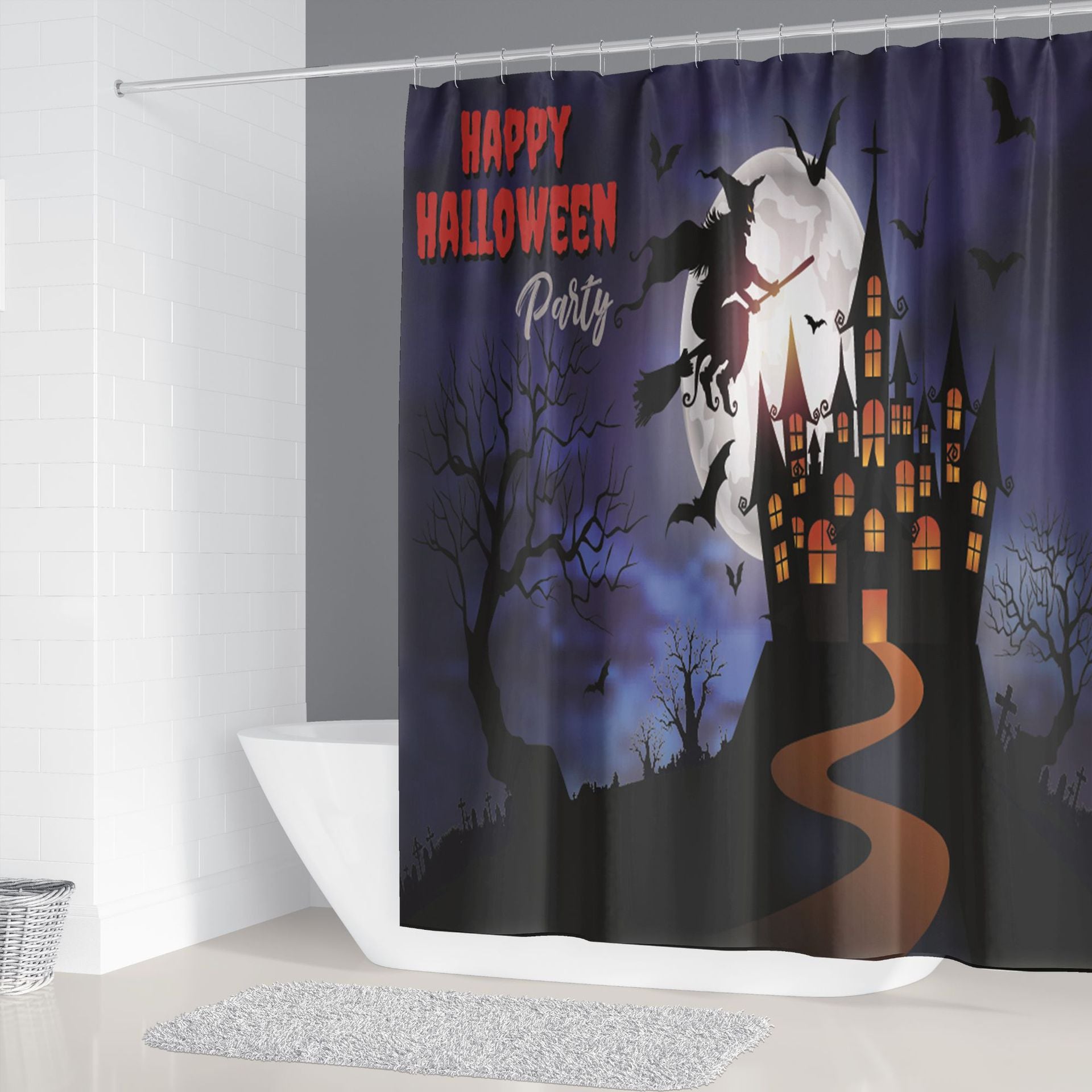 3D Shower Curtain Happy Halloween Witch Castle Moon Bat Bathroom Shower Curtains with Hooks for Halloween Decoration Waterproof Mouldproof