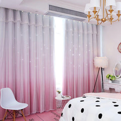 Romantic Princess Color Gradient Star Hollowed-out Custom Blackout Curtain Cloth and Sheer Sewing Together Curtain Set