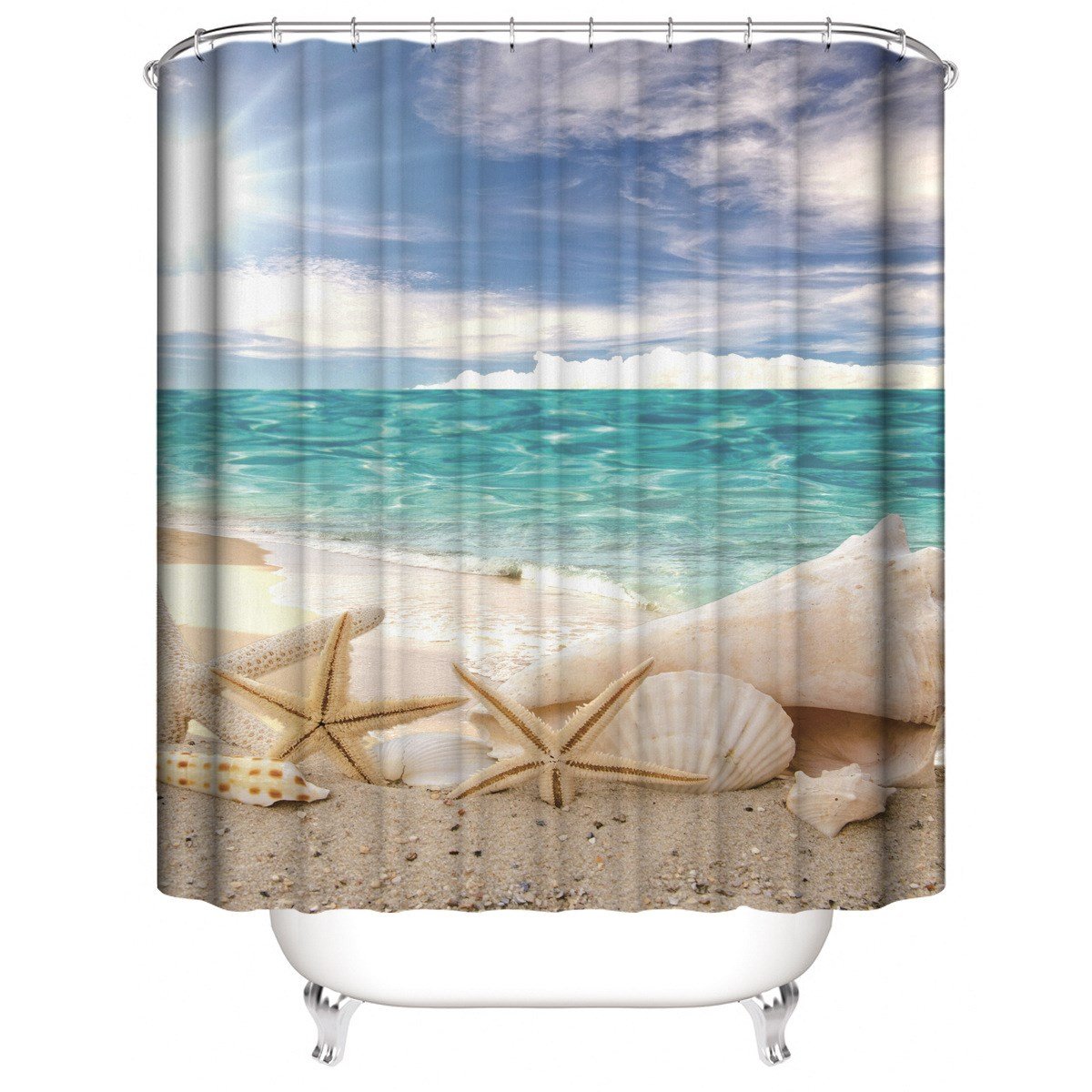 Beach and Starfish 3D Shower Curtain Bathroom Partition Curtain Set Durable Waterproof Mildew Proof Polyester