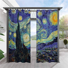 Modern 3D Print Outdoor Curtains Starry Sky Oil Painting Grommet Top Cabana Curtain Waterproof Sun-proof Heat-insulating Polyester 2 Panels