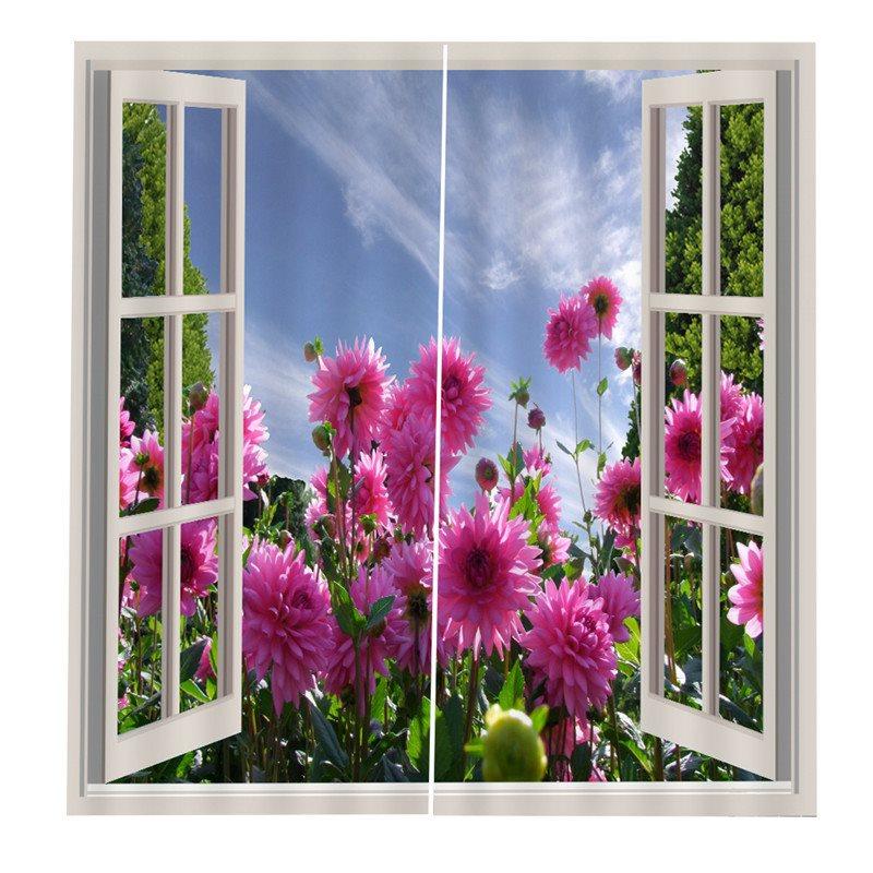 Fake Windows and Pink Flowers Curtains 3D Floral Themed Curtains Drapes 2 Panel Set for Living Room Bedroom Decoration Window