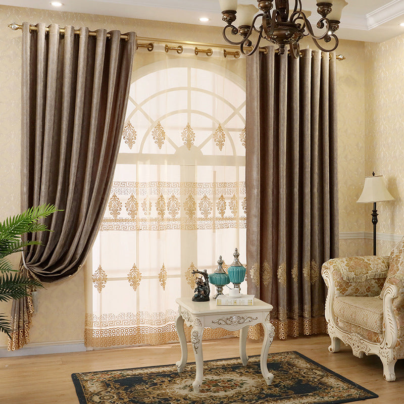 Elegant and Concise European Style 2 Panels Embroidered Flowers Shading Curtain Sheer Grommet Top Curtain