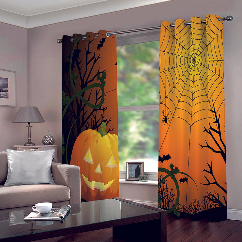 3D Yellow Halloween Pumpkin Spider Web Printed Blackout Decoration Window Curtains for Living Room and Bedroom Custom 2 Panels Drapes No Pilling No Fading No off-lining