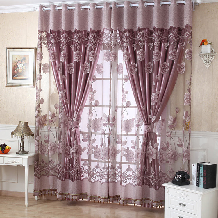 Beautiful Cameo Brown Floral Pattern Sheer & Grommet Top Curtain Sets for Living Room Bedroom Decoration