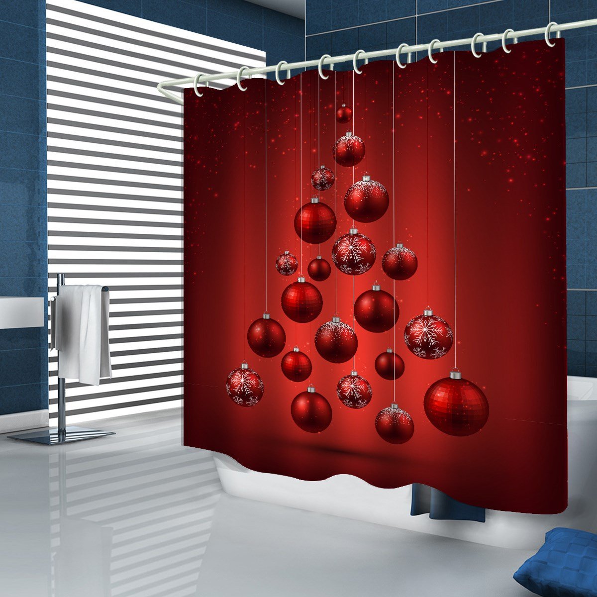 Red Christmas Balls Waterproof and Mildewproof 3D Polyester Shower Curtains with Hooks