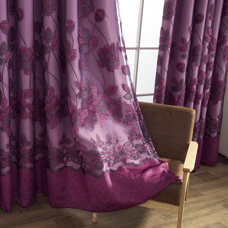 Double Floral Embroidered Curtain Sets Lily Purple Sheer and Lining Blackout Curtains for Living Room Bedroom Window Decoration