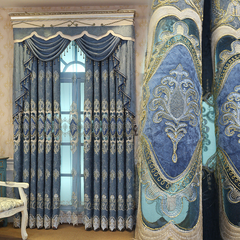 Voile Curtains Floral Embroidery Sheer Curtains Blue Coffee Noble and Elegant for Living Room Bedroom Decoration Custom 2 Panels Drapes Breathable Drapes