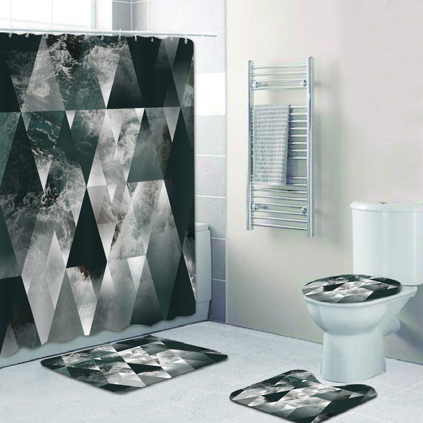 3D Shower Curtain Gray Black Triangle and Waves Pattern Bathroom Partition Curtain Set Durable Waterproof Mildew Proof Polyester