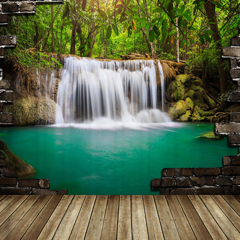 3D Waterfall and Forest Printed Polyester Green Bathroom Shower Curtain