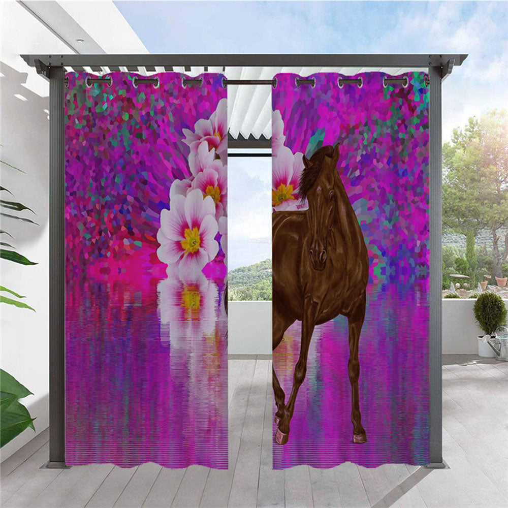 Modern Purple Flower and Horse Outdoor Curtains 3D Animal Cabana Grommet Top Curtain Waterproof Sun-proof Heat-insulating 2 Panels