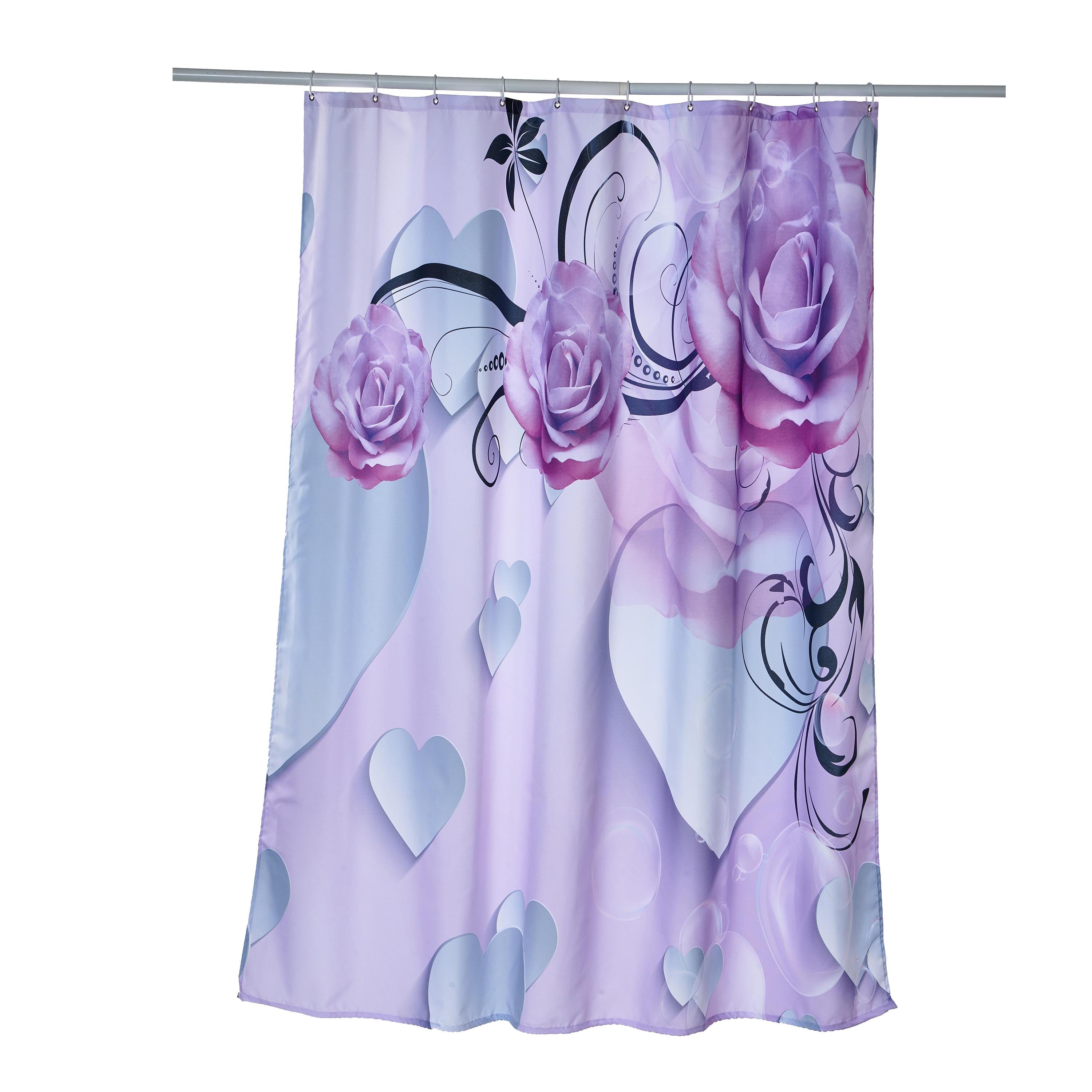 Purple Peony and Heart Shape Pattern Polyester Waterproof and Eco-friendly 3D Shower Curtain