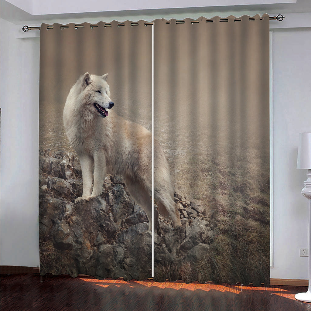 A Wolf On the Rock 3D Painted Decorative Blackout Custom Animal Print Curtains