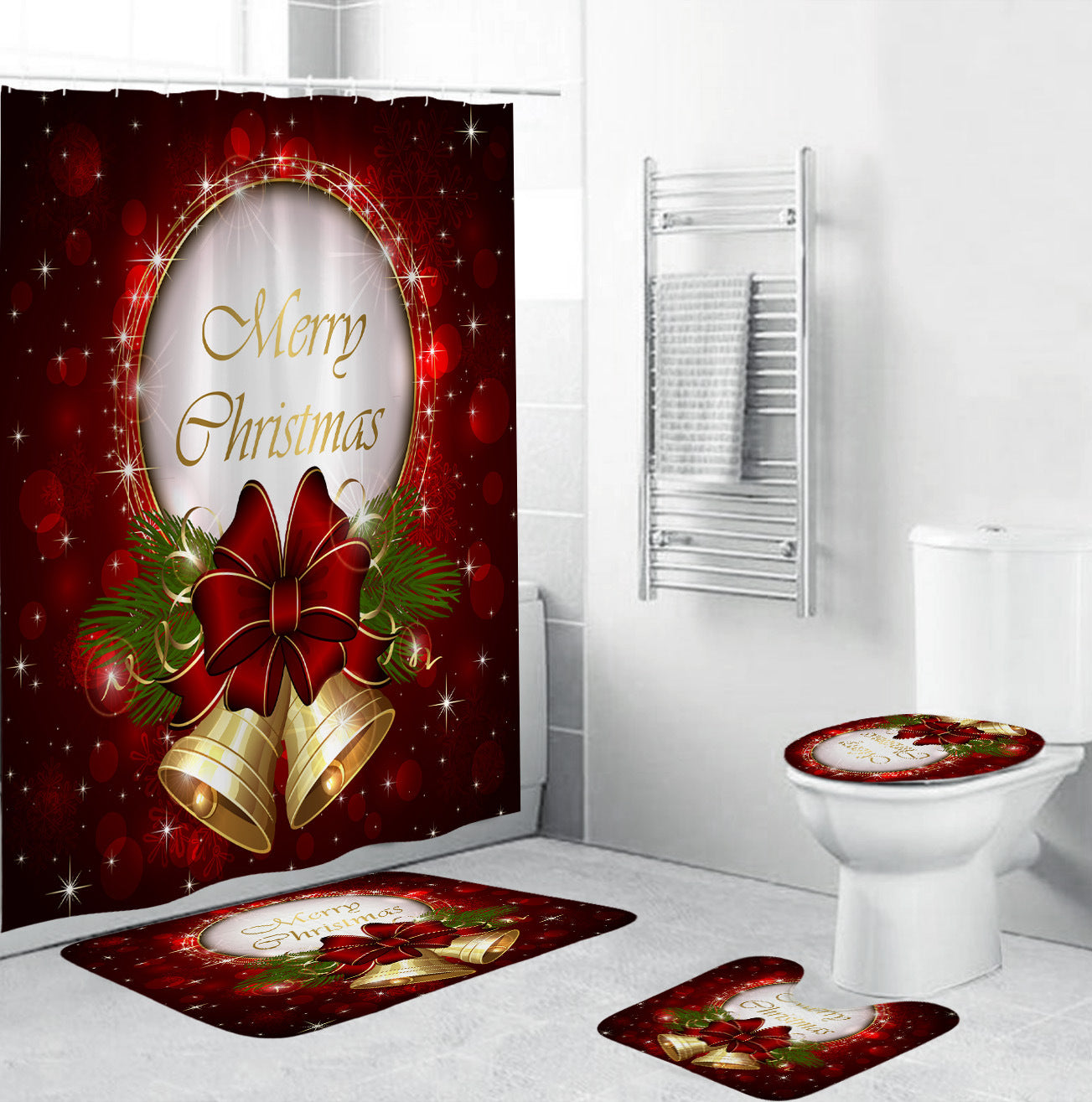 3D Christmas Shower Curtains Set for Bathroom Christmas Shower Curtain with Christmas Tree and Christmas Bell Christmas Theme Shower Curtain