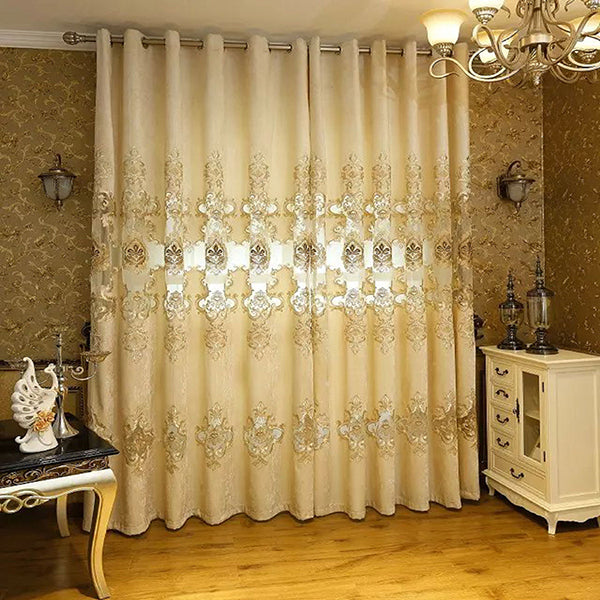 Blackout and Decoration Chenille Classic Shading Curtain Organza Sheer Embroidered Beige Grommet Top Curtain