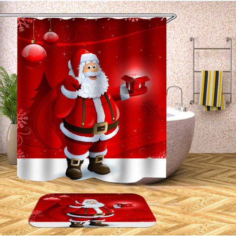 Christmas Red 3D Curtain Set Santa Claus and Gifts Bathroom Partition Curtain Durable Waterproof Mildew Proof Polyester