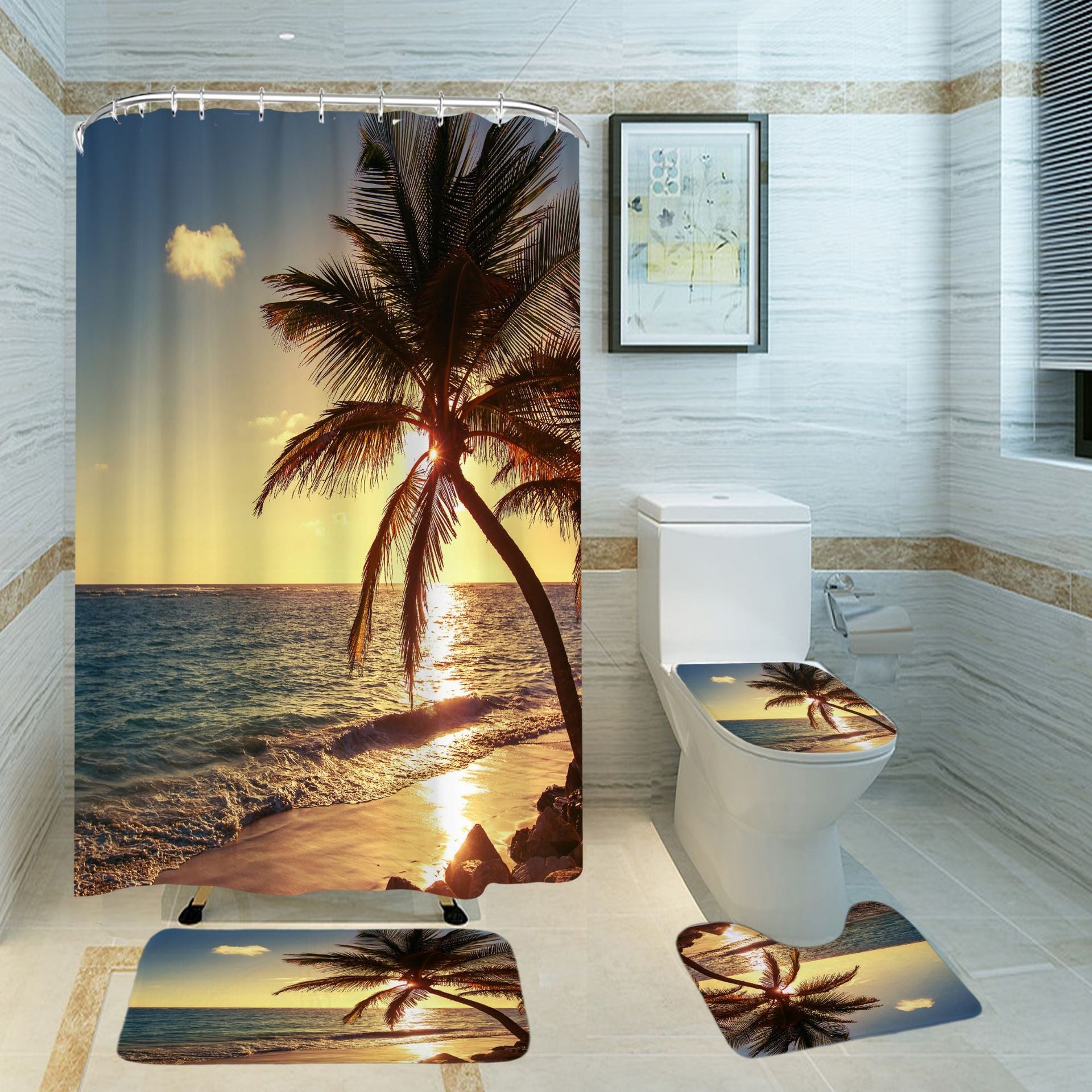 3D Shower Curtain Beach Sunset and Palm Trees Bathroom Partition Curtain Set Durable Waterproof Mildew Proof Polyester