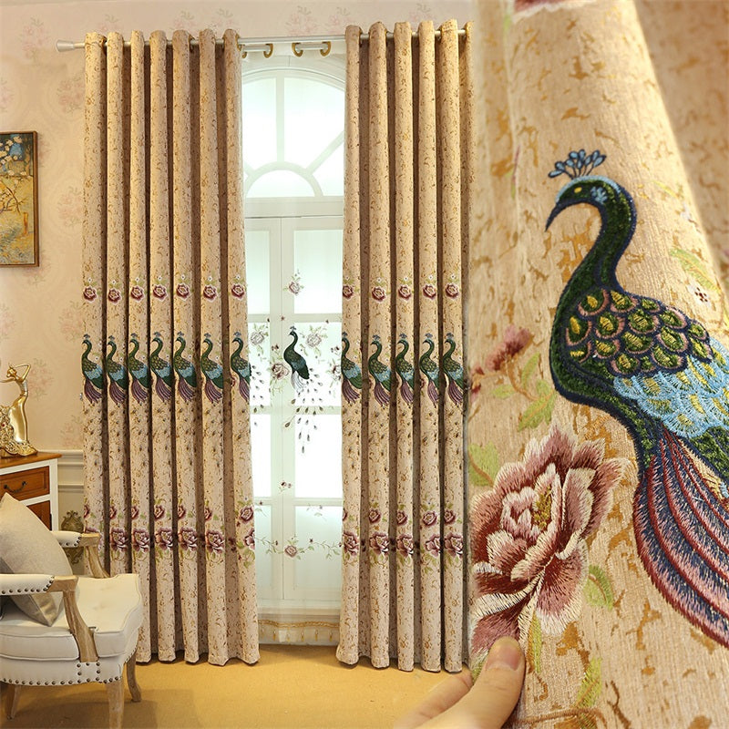 Elegant and Modern Embroidered Peacocks 2 Panels Shading Curtain Sheer  Living Room Bedroom Grommet Top Curtain