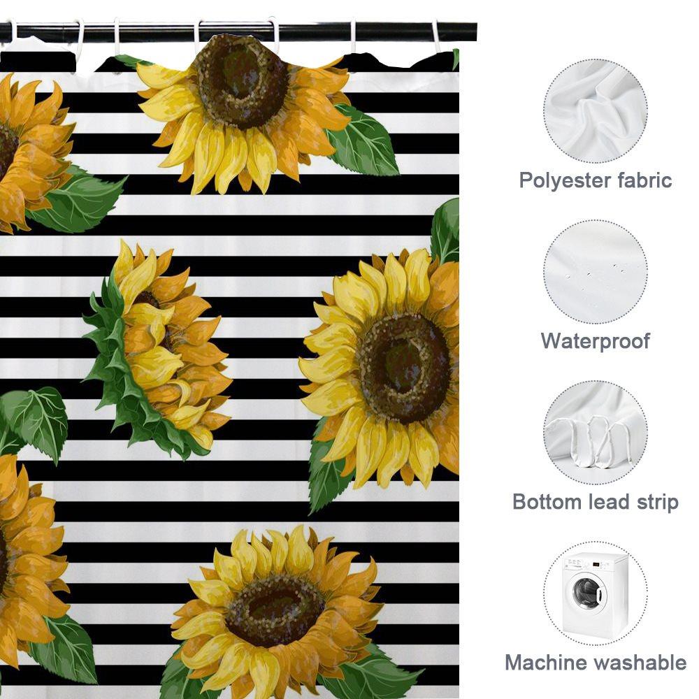 Black Stripes Sunflower 3D Shower Curtain Bathroom Partition Curtain Set Durable Waterproof Mildew Proof Polyester