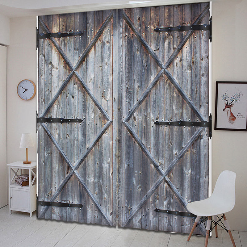 3D Rustic Country Theme Wooden Barn Door Printed Curtains 2 Panels Window Curtains