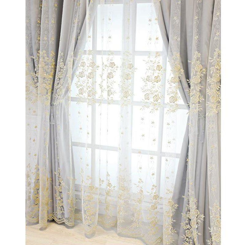 European Floral Rose Embroidery Curtain Sets Sheer and Lining Blackout Curtains Full Shading Double Curtains for Living Room Bedroom Decoration Ultraviolet-Proof No Pilling No Fading No off-lining