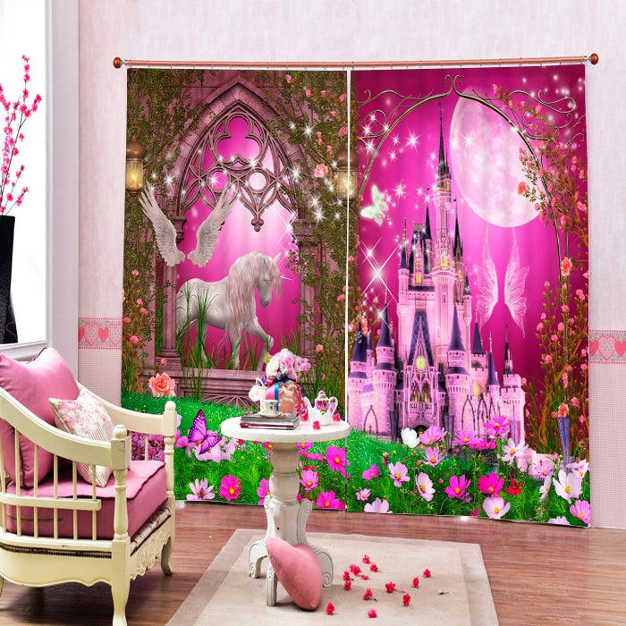 3D Pink Castles and White Horse Printed Christmas Theme Living Room Curtain