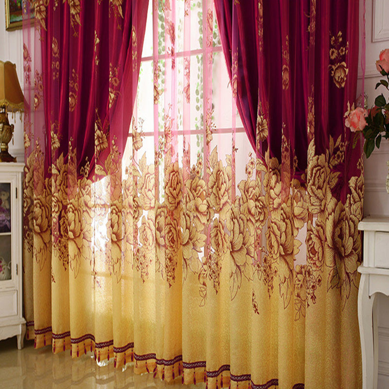 Classical Burgundy Blackout Curtains Gilding Carving Sheer and Solid Lining Living Room Bedroom Curtain Sets No Pilling No Fading No off-lining