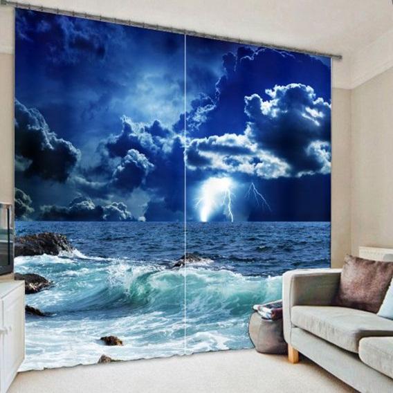 Dark Night and Blue Sky with Storm Printing Thick Polyester Decorative Custom 3D Curtain