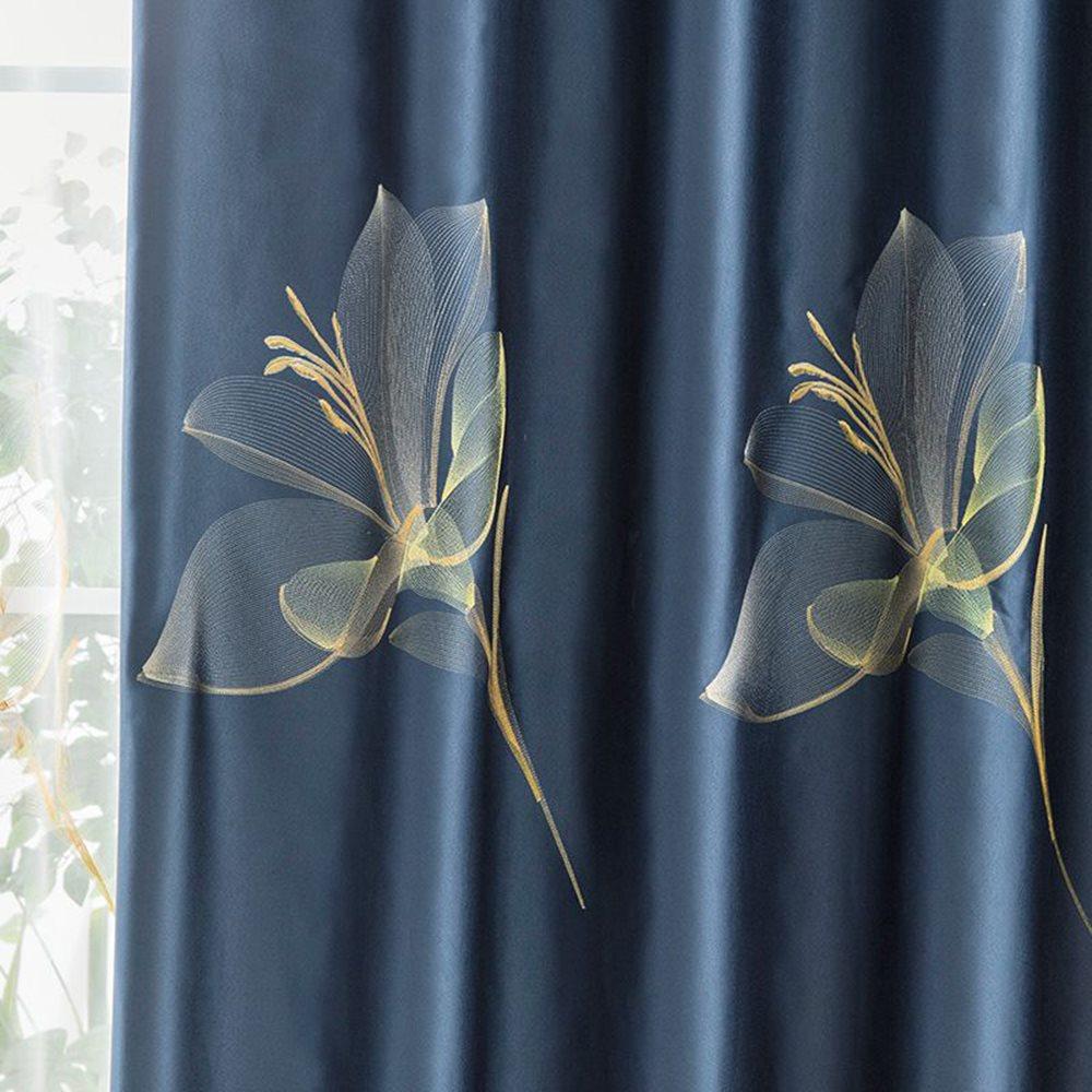 Modern Simple Blue Floral Shading Curtains for Living Room Bedroom Blackout Curtain Custom 2 Panels Drapes Decoration No Pilling No Fading No off-lining Heat insulation Sun Protection