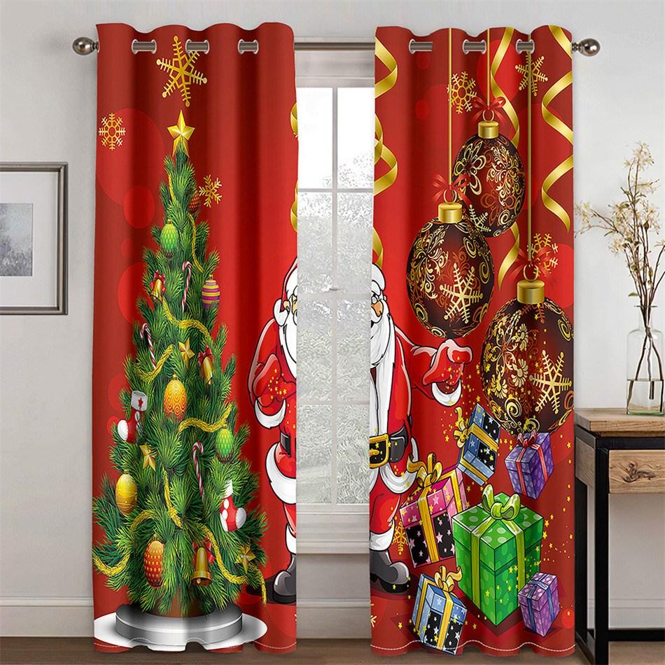 3D Blackout Curtains Christmas Red Santa Claus Christmas Tree Christmas Bells Xmas Print Curtains for Living Room Bedroom Window Drapes 2 Panel Set