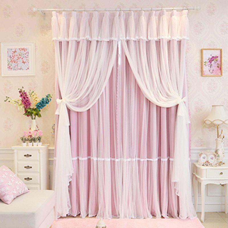 Princess Style Window Curtains Pink Sheer and Cloth Sewing Together Blackout Custom Curtain