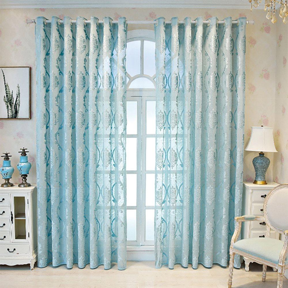 European High-end Sky Blue Embossed Sheer Curtains for Living Room Bedroom Custom 2 Panels Breathable Voile Drapes No Pilling No Fading No off-lining Polyester