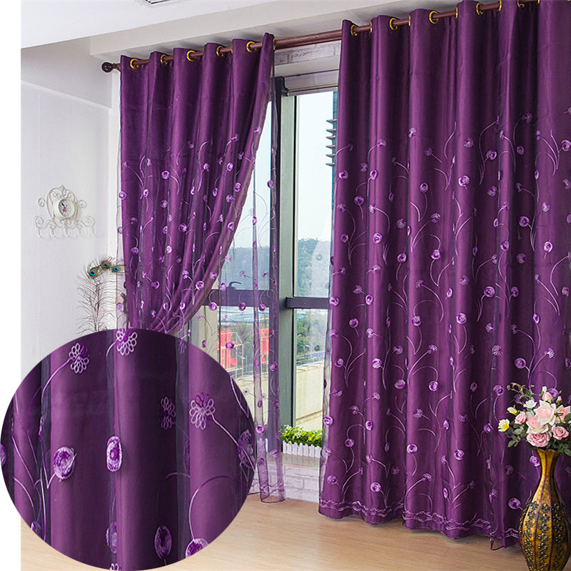 Noble Embroidered Blackout Curtains for Living Room Bedroom Thick Polyester Purple Shading Cloth and Sheer Curtain Set No Pilling No Fading No off-lining