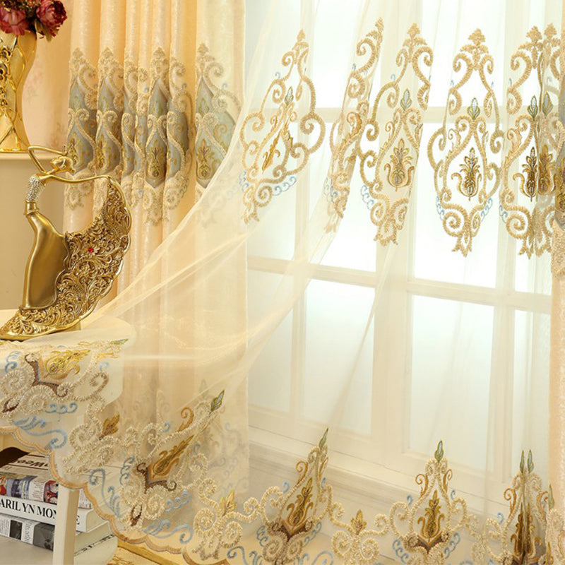 Yellow Embroidery Blackout Curtains Tulle Elegant Window Shading Curtains Sheer for Living Room Bedroom Custom Set of 2 Panels Drapes