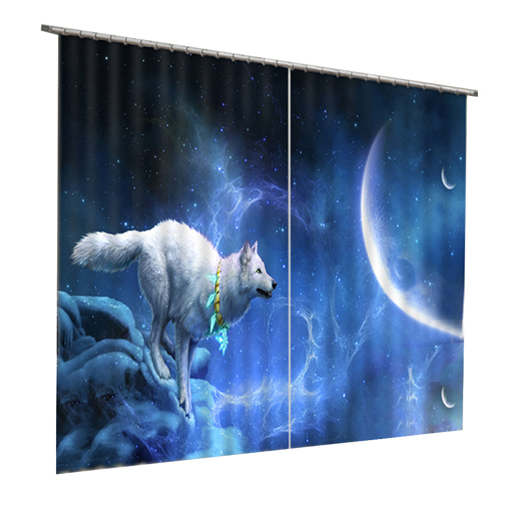 3D White Wolf Chasing the Moon Printed Animal Style Blackout Custom Window Curtain