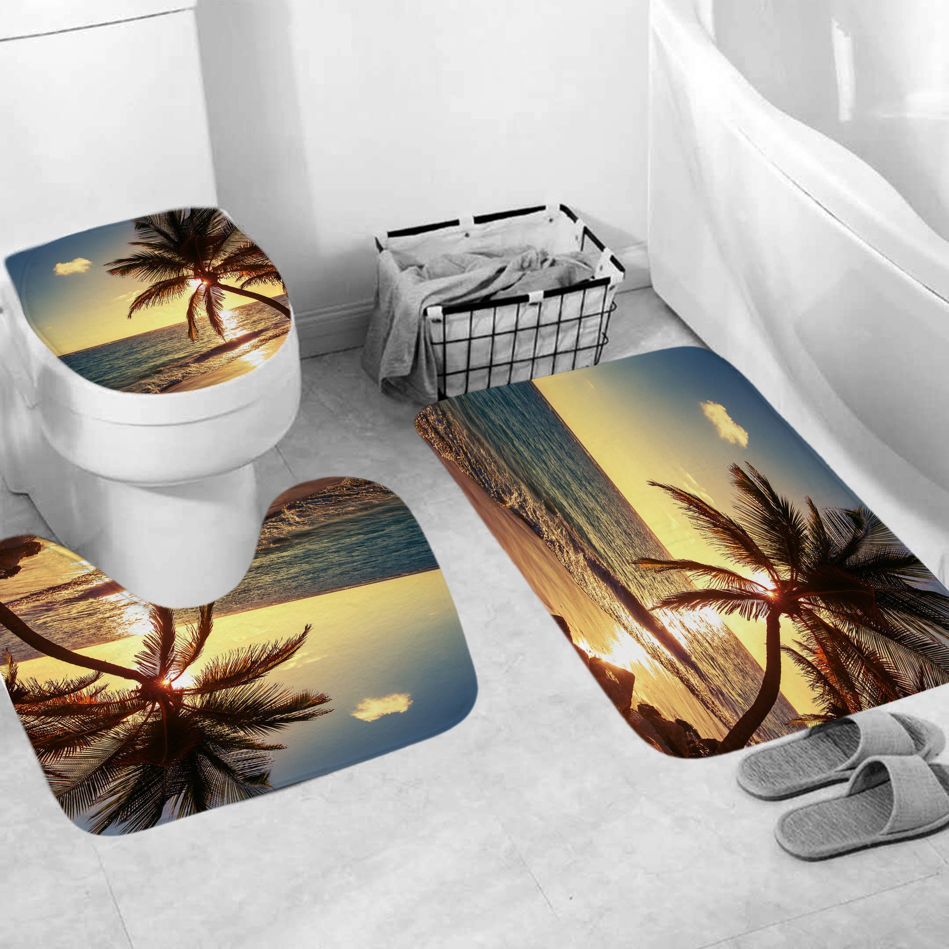 3D Shower Curtain Beach Sunset and Palm Trees Bathroom Partition Curtain Set Durable Waterproof Mildew Proof Polyester