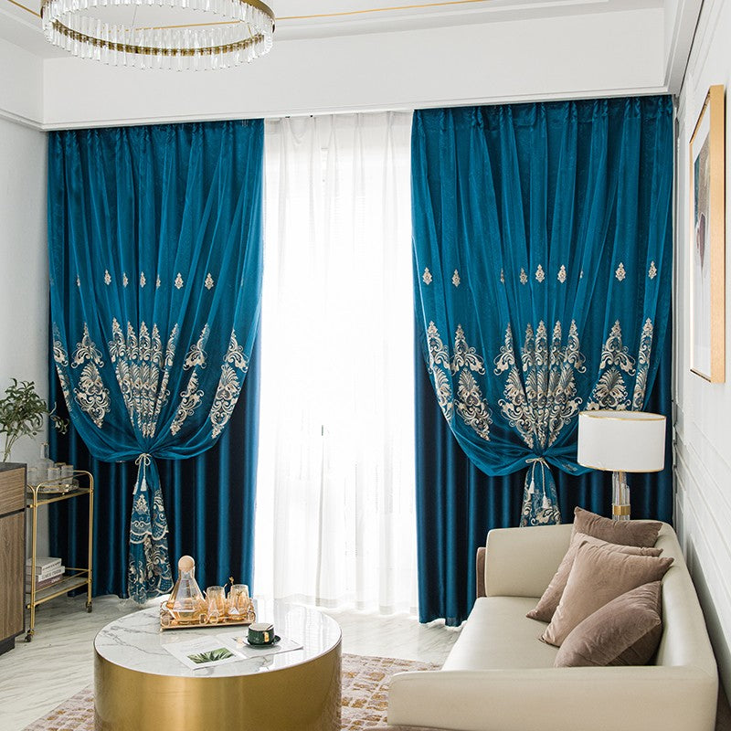 New European Elegant Floral Embroidery Dark Blue Double Shading Curtains Luxurious Hollow Curtains for Living Room Bedroom Decoration Custom 2 Panels Drapes Polyester Blend