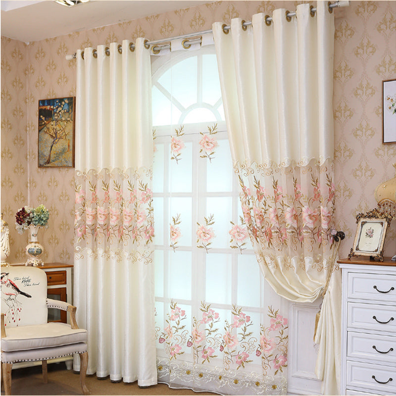 Blackout Curtain Beige Chenille Shading Curtain Embroidered Pink Peach Flowers Romantic and Elegant Organza Sheer Living Bedroom Window Drapes