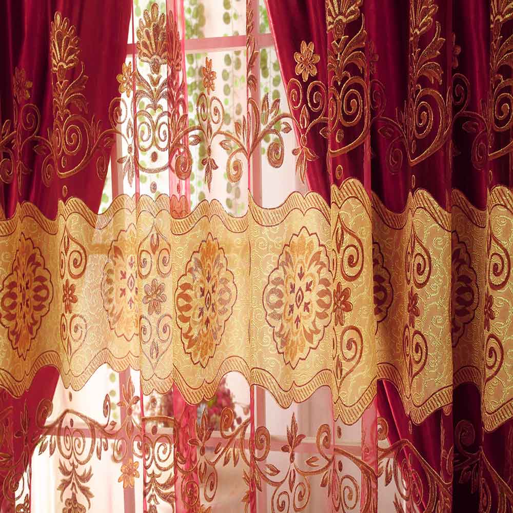 Classical Red Pattern Shading Sheer Beads Polyester Curtain