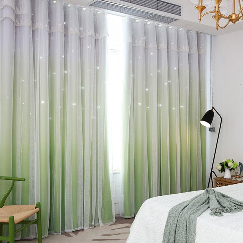 Romantic Princess Color Gradient Star Hollowed-out Custom Blackout Curtain Cloth and Sheer Sewing Together Curtain Set