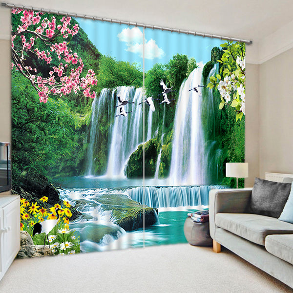 3D Waterfall Green Mountains Sunflowers and Cranes Scenery Printed Custom Living Room Curtain