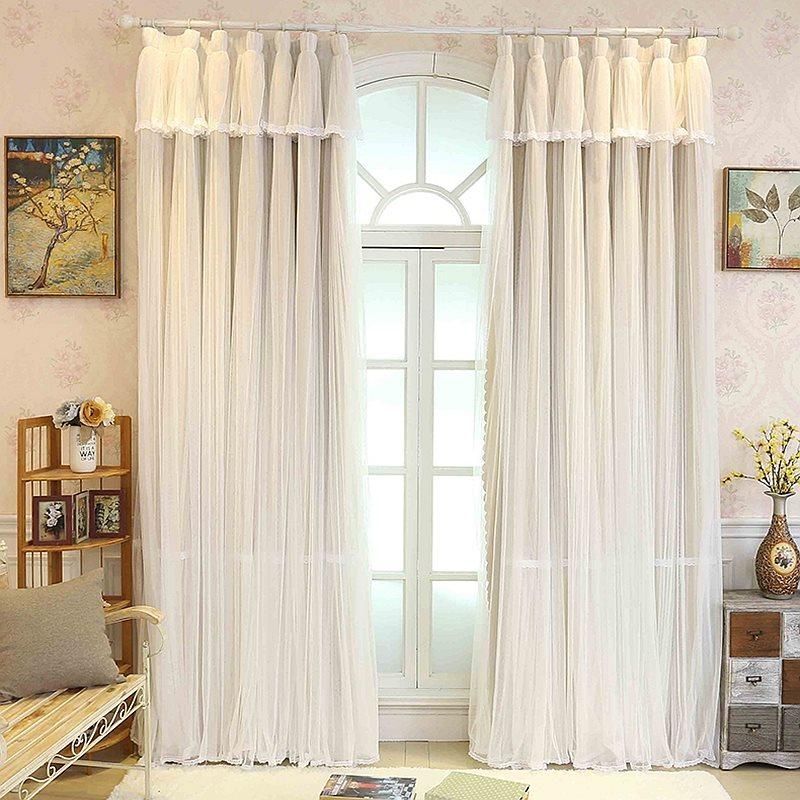 Blackout and Decoration Blending Princess Style Romantic Beige Double Pinch Room Curtain Set