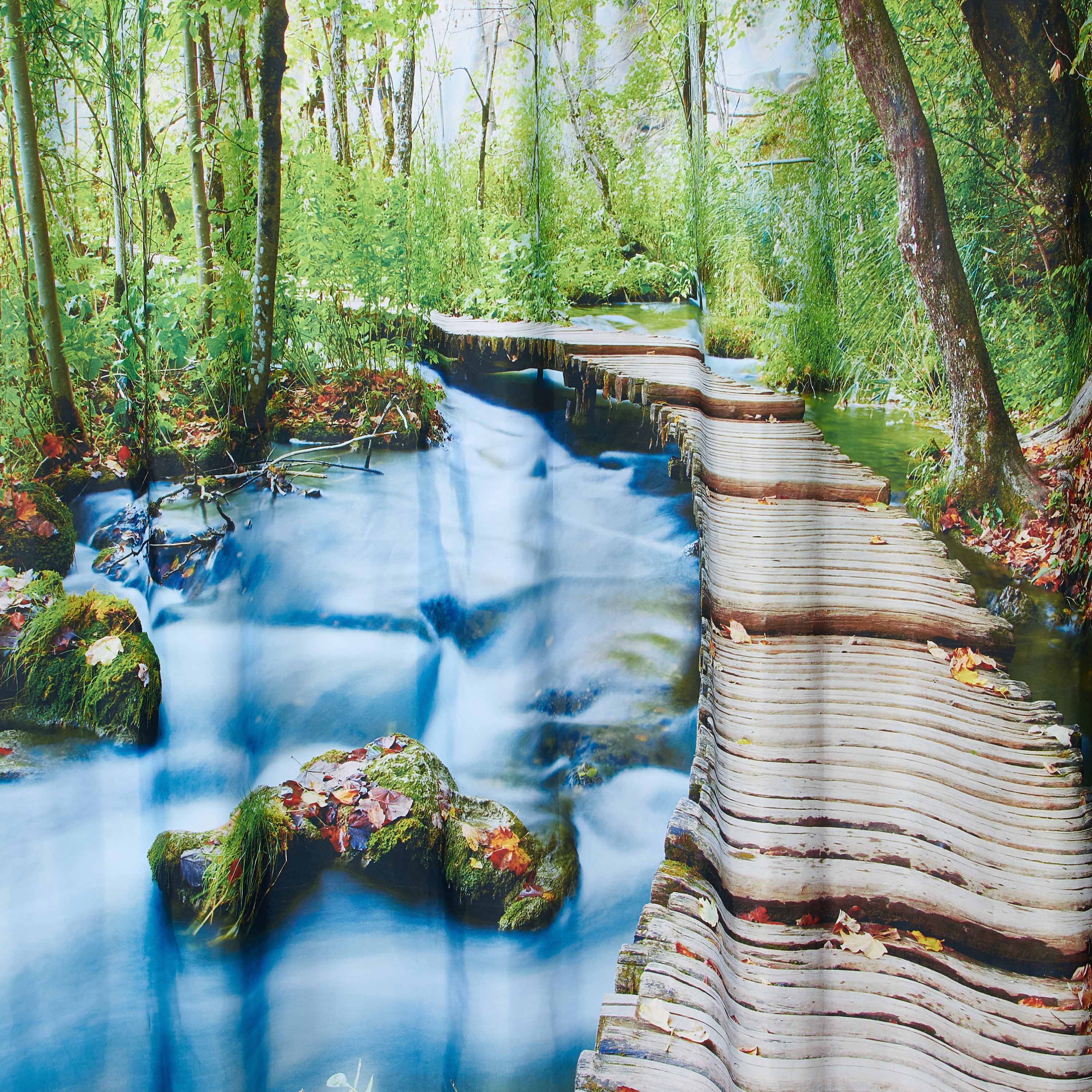 3D Secluded Forest and Wooden Path Printed Polyester Green Shower Curtain