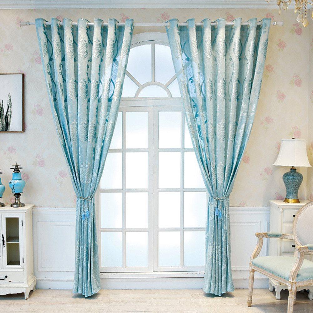 European High-end Sky Blue Embossed Sheer Curtains for Living Room Bedroom Custom 2 Panels Breathable Voile Drapes No Pilling No Fading No off-lining Polyester